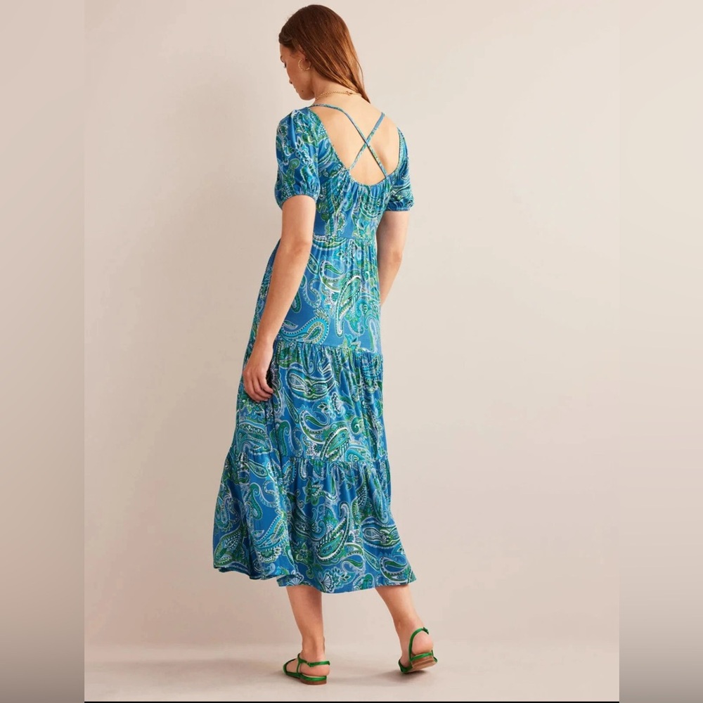 Boden Paisley Blue Green Jersey Maxi Dress Cut Out Back Tiered Pockets Size 6 - Picture 2 of 14
